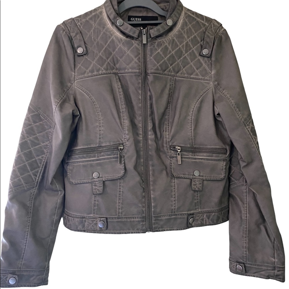 Guess Gray Faux Leather Jacket Size Large